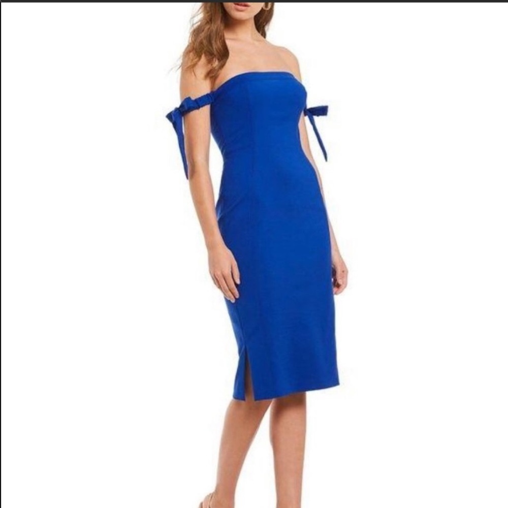 GIANNI BINI Royal Blue Bow Off-Shoulder Tie Dress